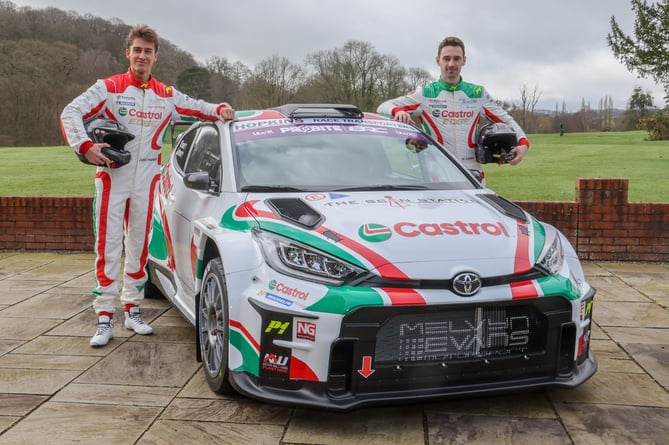 Meirion Evans and Jonathan Jackson with one of the new GR Yaris Rally2 car adorned in the iconic Castrol rally livery