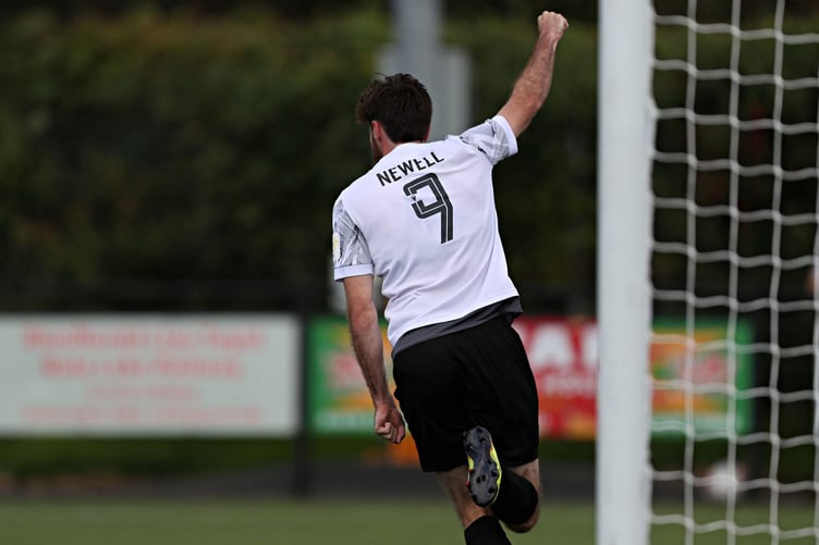 BALA, GWYNEDD, WALES - 2nd SEPTEMBER 2023 - Bala's George Newell celebrates his goal during Bala Town vs Penybont FC in Round 5 of the JD Cymru Premier at Maes Tegid, Bala (Pic by Sam Eaden/FAW)