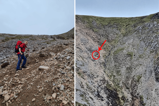 Left: Rescuer Ben heads up the Foxes Path scree. Right: Casualty location. Photo: Aberdyfi Search & Rescue Team