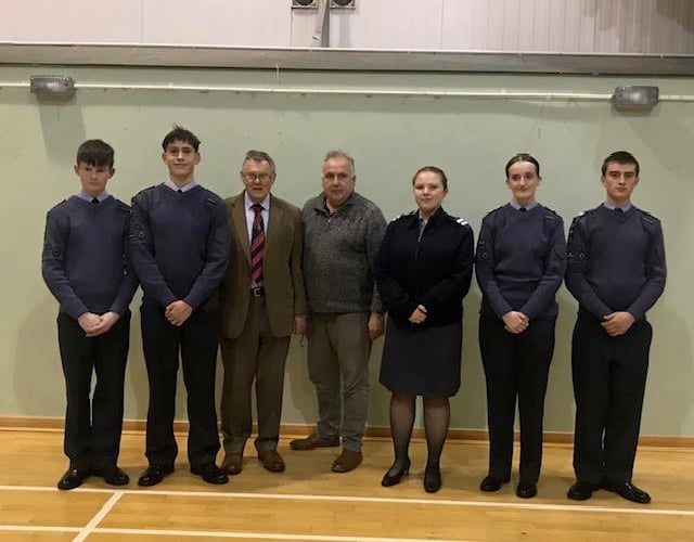 Aberystwyth Air Cadets, pictured with Borth British Legion chair Ray Quant and local and regional President, Mark Williams
