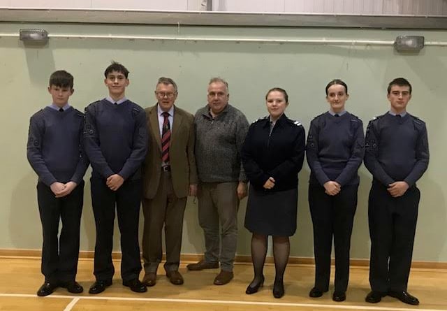 Aberystwyth Air Cadets, pictured with Borth British Legion chair Ray Quant and local and regional President, Mark Williams