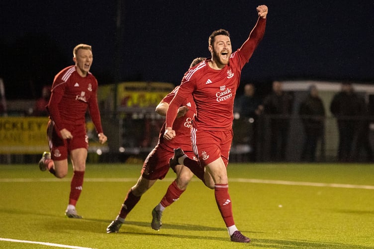 LLANDUDNO, WALES - 23RD MARCH 2024: Connah's Quay Nomads' Aron Williams puts The Nomads 1-0 up in the 89th minute during the JD Welsh Cup Semi Final fixture between Connah's Quay Nomads and Bala Town at the OPS Wind Arena, Llandudno. 23rd of March, Llandudno, Wales (Pic by Nik Mesney/FAW)