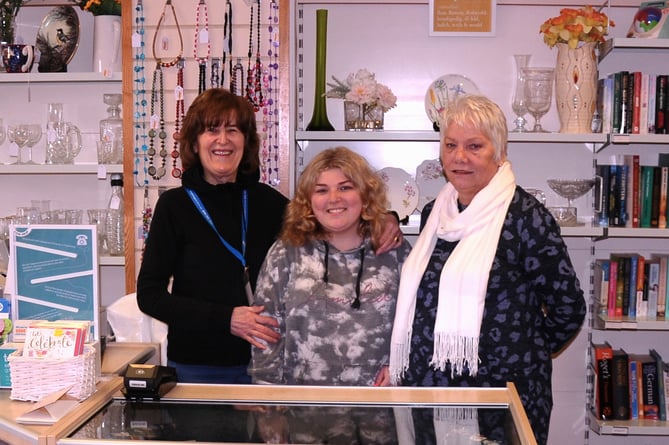 Barmouth Tenovus Cancer Care shop manager Sandra Williams with volunteers Monica Jones and Jude