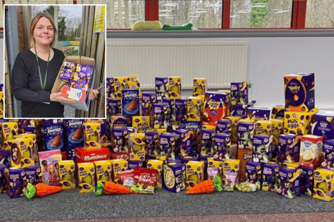 A representative from Hafan y Sêr in Penrhyndeudraeth (inset) who received a box of Easter eggs from one of the many collected (main)