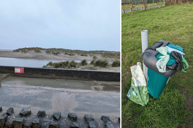 Left: Water being held on the path and drains not working due to the sand blocking them. Right: An overflowing bin in Barmouth