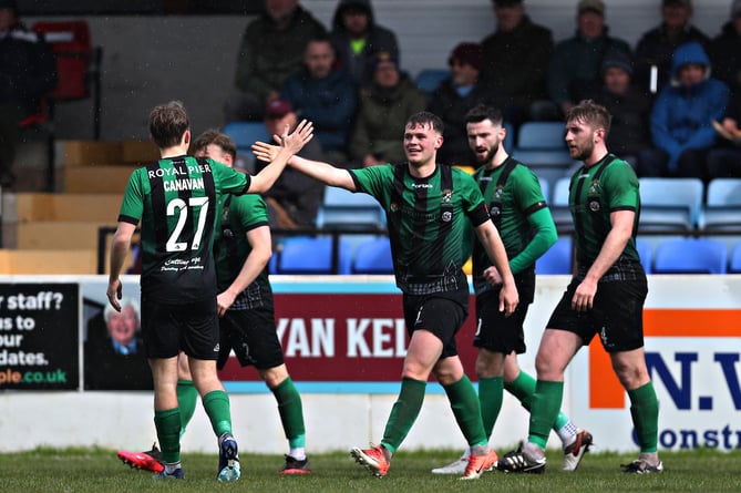 COLWYN BAY, CONWY, WALES - 29th MARCH 2024 - Aberystwyth's Jack Thorn celebrates opening the scoring during Colwyn Bay FC vs Aberystwyth Town in round 29 of the JD Cymru Premier at The Four Crosses Construction Arena, Colwyn Bay (Pic by Sam Eaden/FAW)