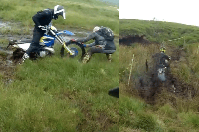Screenshots of YouTube videos showing peat thrown up by motorcycle on staked and taped section of Monks Trod, during a permitted use day 2019