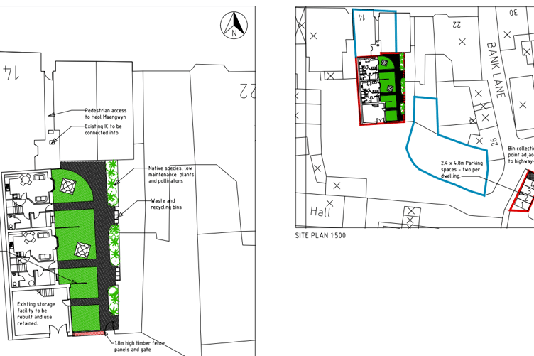 The proposal would keep pedestrian access to the high street through an existing alleyway between 14 and 16 Heol Maengwyn, and add designated car parking on a separate detached site