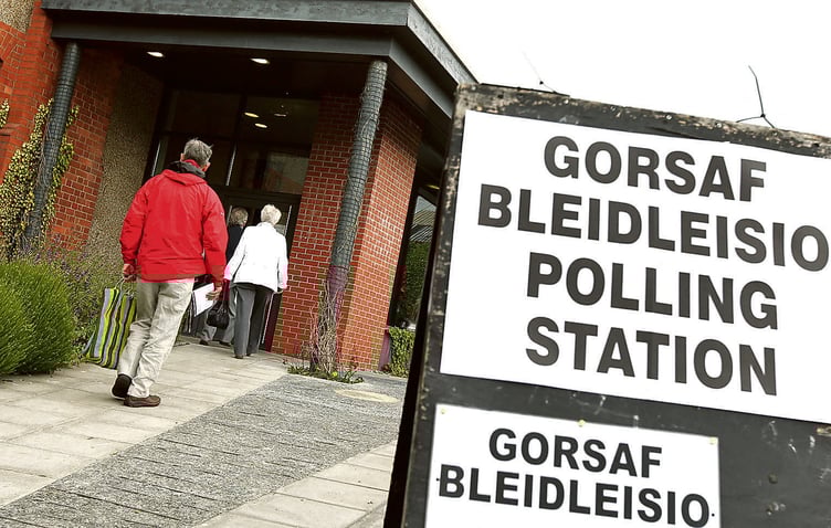Photo Code DPJ12M30 Photo Arwyn Parry Jones 12May11 Ref Simon; Morlan Centre Aberystwyth Polling Station. - Voters at Aberystwyth.