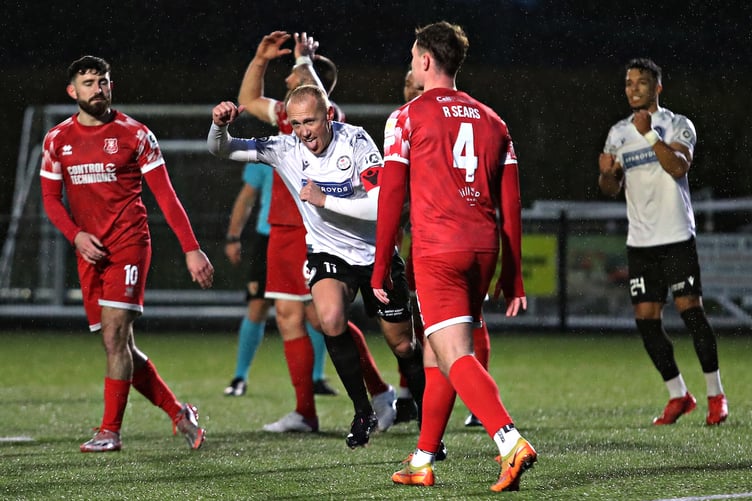 BALA, GWYNEDD, WALES - 5th APRIL 2024 - Bala's Kieran Smith celebrates his goal during Bala Town vs Newtown AFC in round 30 of the JD Cymru Premier at Maes Tegid, Bala (Pic by Sam Eaden/FAW)