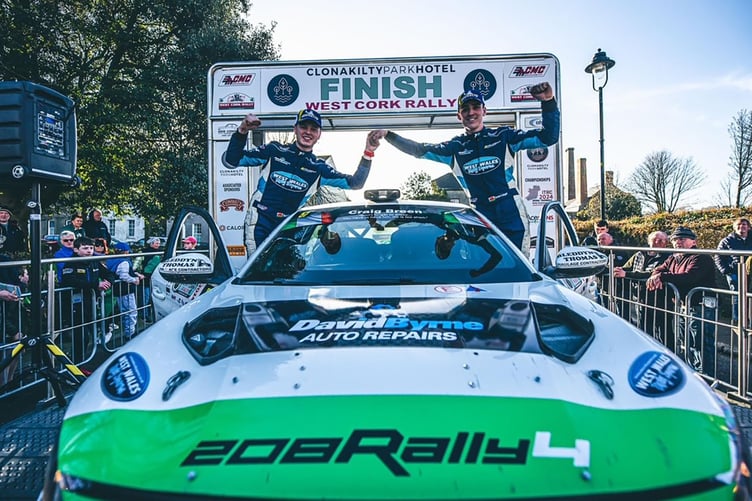 Ioan Lloyd and Sion Williams celebrate their Stellantis Motorsport Rally Cup at West Cork Rally