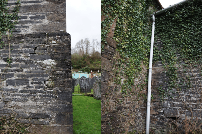 Signs of structural damage on the outside of Holy Trinity Church in Corris