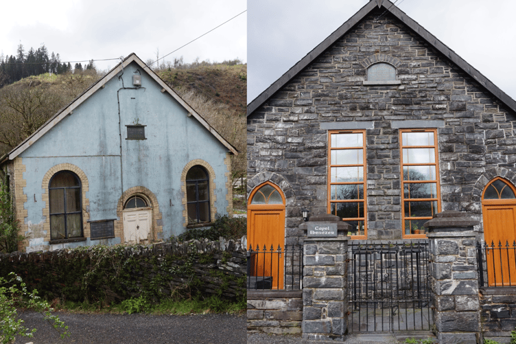 The converted chapel in Ceinws (right) and the abandoned one metres up the road (left)