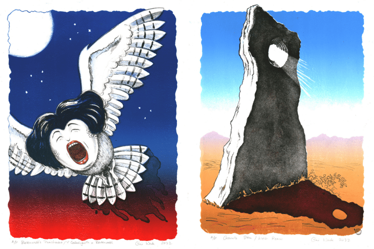 Blodeuwedd’s Punishment (left) and Gronw’s Stone (right) are two of Gini's exhibition images