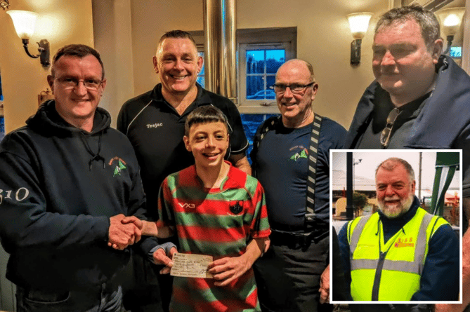 (Main) Bike club committee members Adrian Cromey, Richard Williams and John Williams presented a cheque to Colin Jones and Guto Huw of the Pwllheli Juniors Rugby Club at Efailnewydd and Nick Reed (inset)