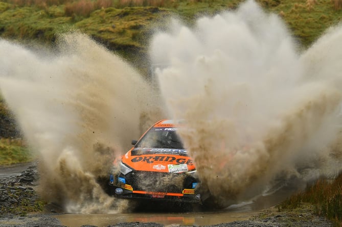 James Williams and Ross Whittock make a splash in their Hyundai Rally2