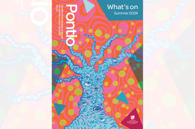 The front cover of Pontio’s summer 2024 ‘What’s On’ programme, featuring artwork by Coleg Menai students Moli Prendergast and Amy Evans