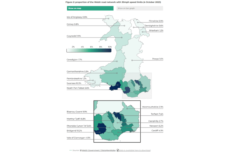 This map shows the proportion of roads with 30mph limits by local authority (as of October 2023 - after the national speed change)