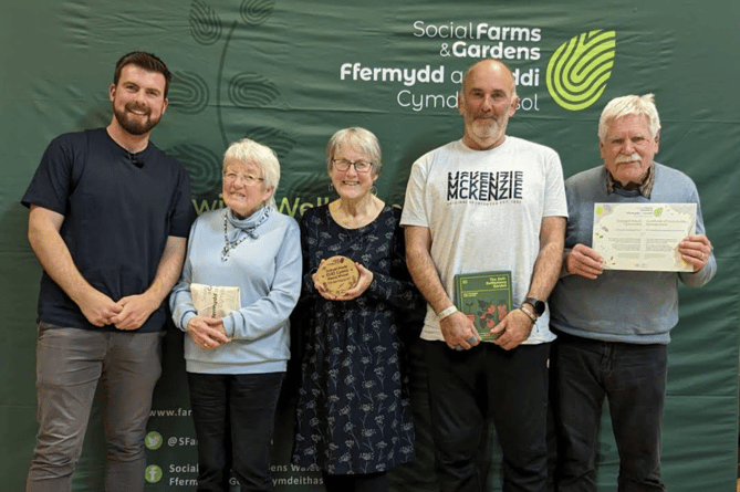 Members of the Y Tir team receive their award from gardener, author and YouTube influencer, Huw Richards