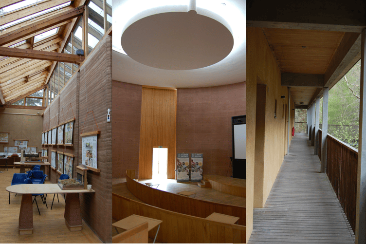 One of CAT's workshop spaces and lecture theatre built with rammed earth (left and centre) and CAT's current accommodation block