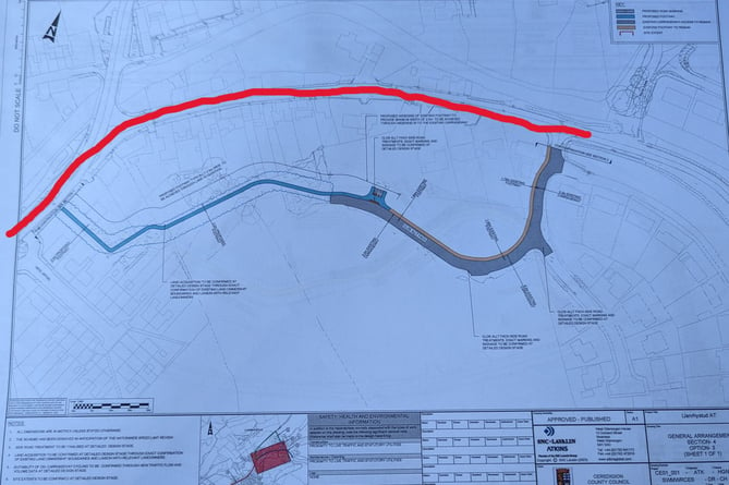 In red- the existing B-road with virtually no pavement and on-street parked cars. Below in blue and grey, the proposed path through the terraced gardens 