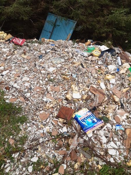 A passer-by reported the huge mound of trash left in a forest near Forge, Machynlleth