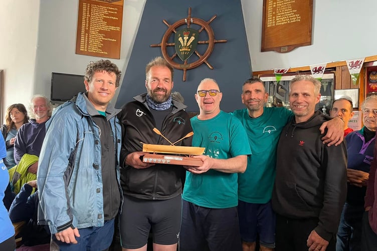 Aberystwyth Mens with Castle To Castle Trophy. L-R Seb McBride, Bleddyn Jones, Ian Kavanagh, Mel Hopkins, Al Gwynne (Photo: Louise Russell)