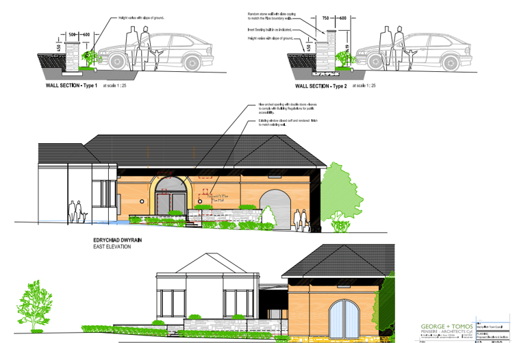 The stonework and pavement will be mixed stone and slate, in keeping with the listed building and surrounds