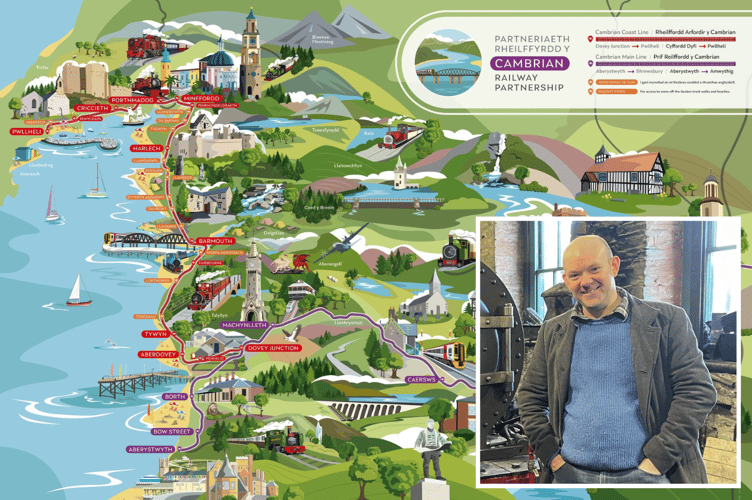 (Main) The Cambrian Railway Partnership Region and (inset) Neil Scott, Chair of the Cambrian Railway Partnership