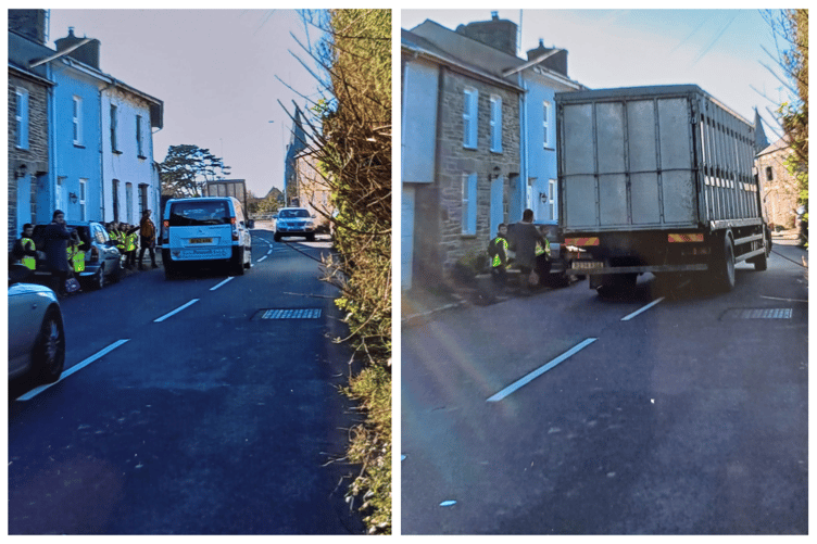 A group of school children playing 'leapfrog' with oncoming traffic and lorries