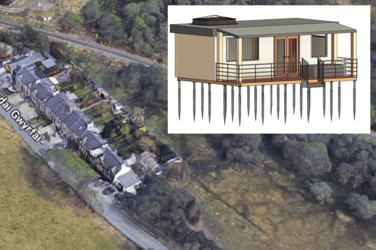 Rhesdai Gwyrfai, Waunfawr (Main, Google Map image) and wooden glamping pod (Inset: Gwynedd Council planning documents)