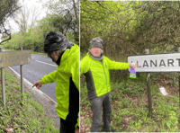 Father and son clean Ceredigion village signs