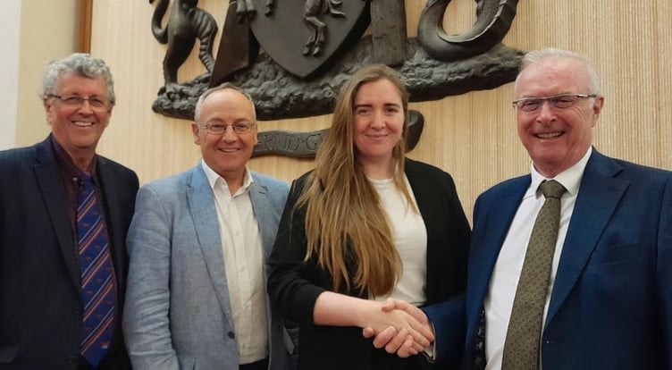 The youngest chair at Gwynedd Council is Cllr Beca Roberts, pictured with the new vice-chair, Cllr Ioan Thomas, council leader Cllr Dyfrig Siencyn and Cllr R Medwyn Hughes