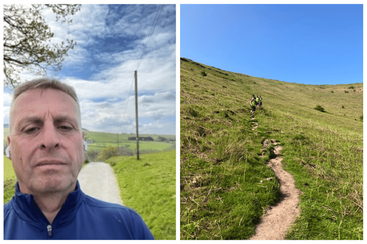 Ian Lewis (left) in training for this year's challenge and the team coming down from their Pen Y Fan hike in 2023