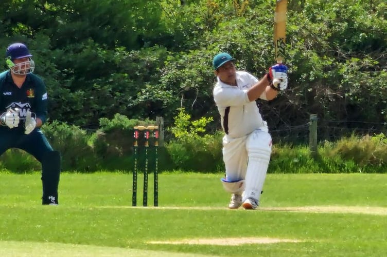 Talybont/Rachels batsman Mohit Mathur launches one over mid-on