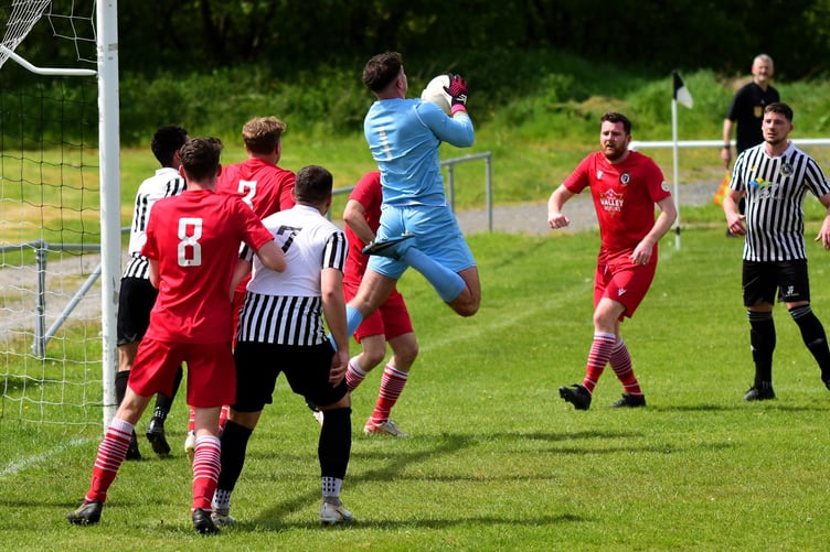 Goalmouth action during Bow Street's 3-0 win against Llanrhaeadr
