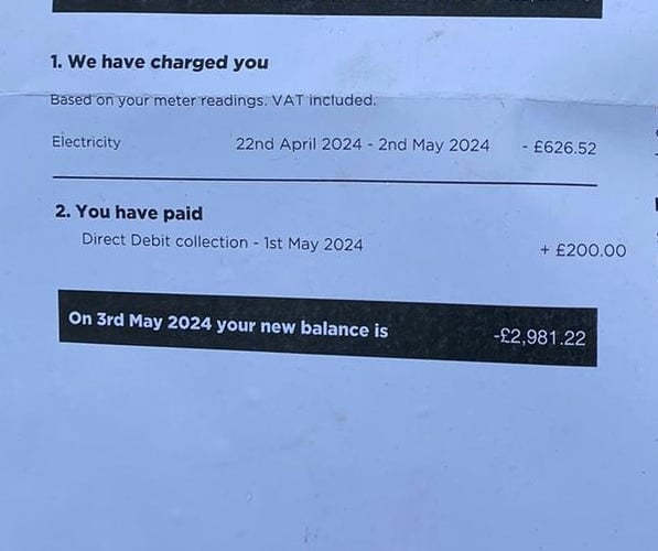 The electricity bill of a Powys woman with a botched air source heat pump install - 'the police will be round next thinking we've got a grow room'