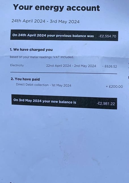 The electricity bill of a Powys woman with a botched air source heat pump install - 'the police will be round next thinking we've got a grow room'