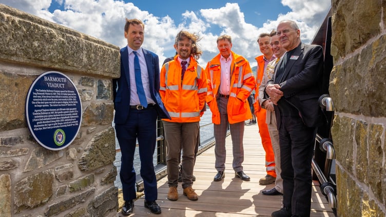 Lord Hendy, chair of Network Rail, joined Ken Skates MS, Mayor of Barmouth Owain Pritchard and members of the Network Rail project team to unveil the plaque. Photo: Network Rail