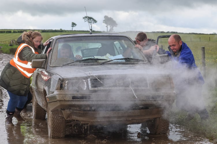 Not everyone got out of the the mud hole in Talgarreg without some help from the marshalls and spectators