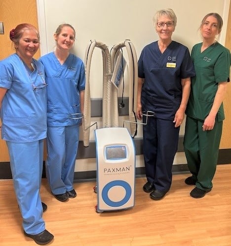 Pictured, left to right: Jennifer Hernandez, Staff Nurse; Meredith Jenkins, Acute Oncology Clinical Nurse Specialist; Sister Pauline Richmond, and Gemma Thomas, Health Care Support Worker, with the new scalp cooler at Prince Philip Hospital