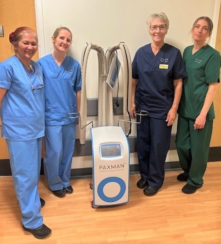 Pictured, left to right: Jennifer Hernandez, Staff Nurse; Meredith Jenkins, Acute Oncology Clinical Nurse Specialist; Sister Pauline Richmond, and Gemma Thomas, Health Care Support Worker, with the new scalp cooler at Prince Philip Hospital