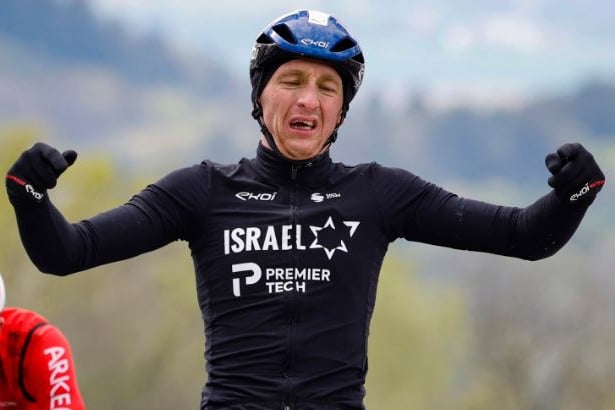 Stevie Williams celebrates his monumental win at the La Flèche Wallone