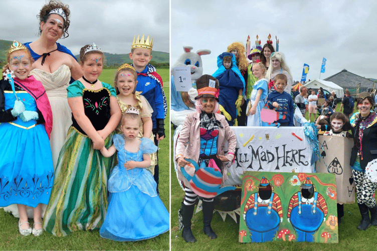 Left: Cinderella (Savannah Steele-Lomas), Fairy Godmother (Amanda Mottershaw), King (Aiden Donaldson). Elsa (Laci-May Mottershaw), Ana (Nansi Gard) and Belle (Hennessy Tomlinson). Right: Neptune Caravan site came first in the parade. Photos: Julie McNicholls Vale