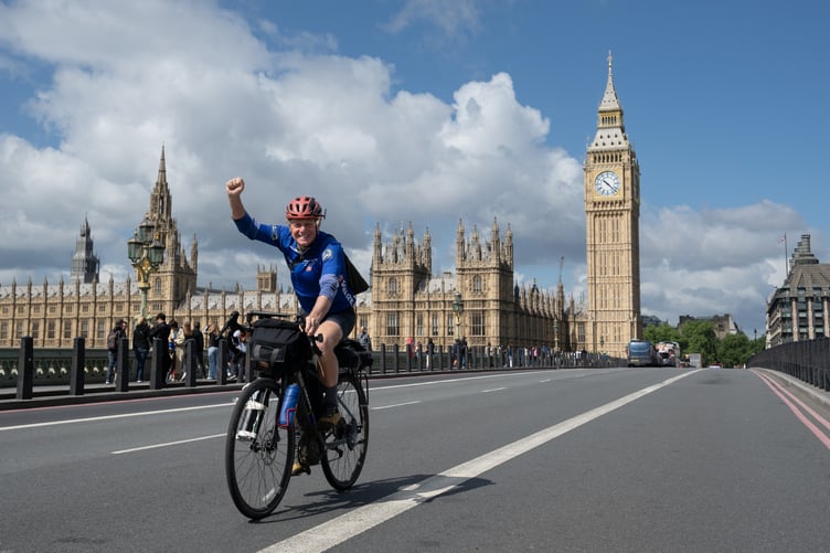 Nick Sanders completes the 1st Electric Bicycle Ride Around The World onboard the Yamaha Wabash RT, London 29 May 2024