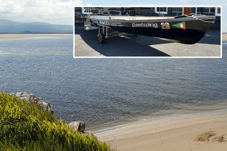 Fleetwing, MYC's Celtic longboat (inset) and the estuary at low tide where the incident occurred