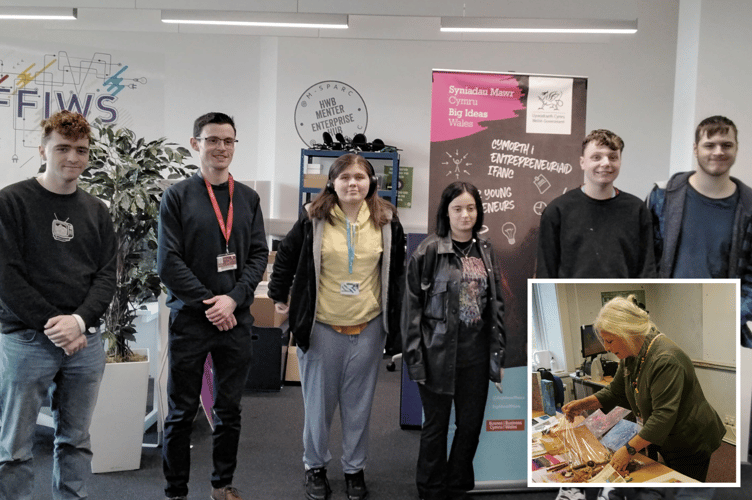 Students with Sion Owen of Business Wales at M-SParc in Gaerwen and, inset, Big Ideas Wales Role Model and artist Liz Williams at Coleg Meirion-Dwyfor in Dolgellau