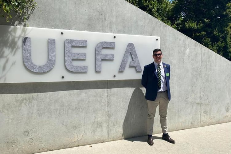 Caernarfon manager Richard Davies at today's draw at UEFA HQ