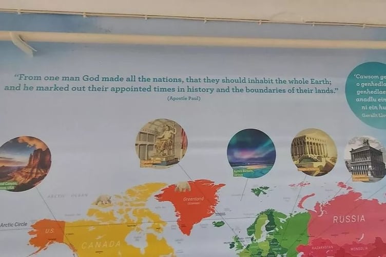A wall-sized creationist poster allegedly up on a wall in Llanidloes High School