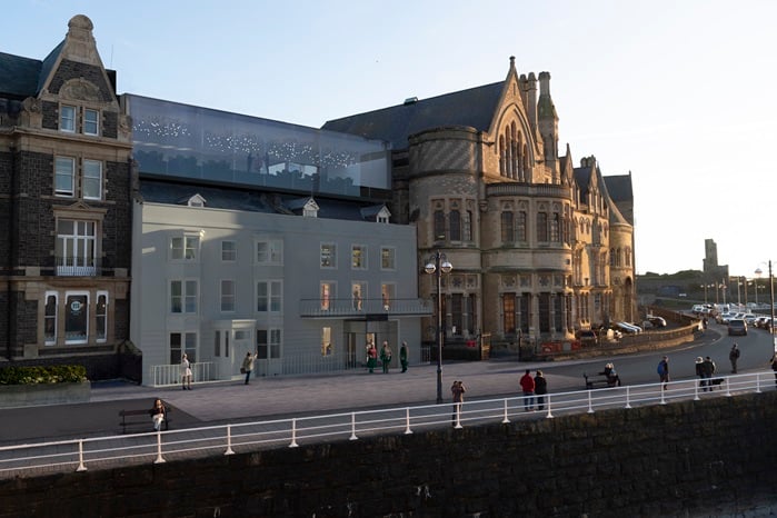 The plans for the front of the Old College as seen from the prom, featuring a top-level glass-fronted function room